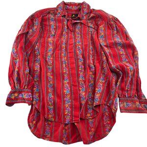 Lizsport Vintage 90s Floral Striped Red Button-Up Blouse S Rayon Malaysia